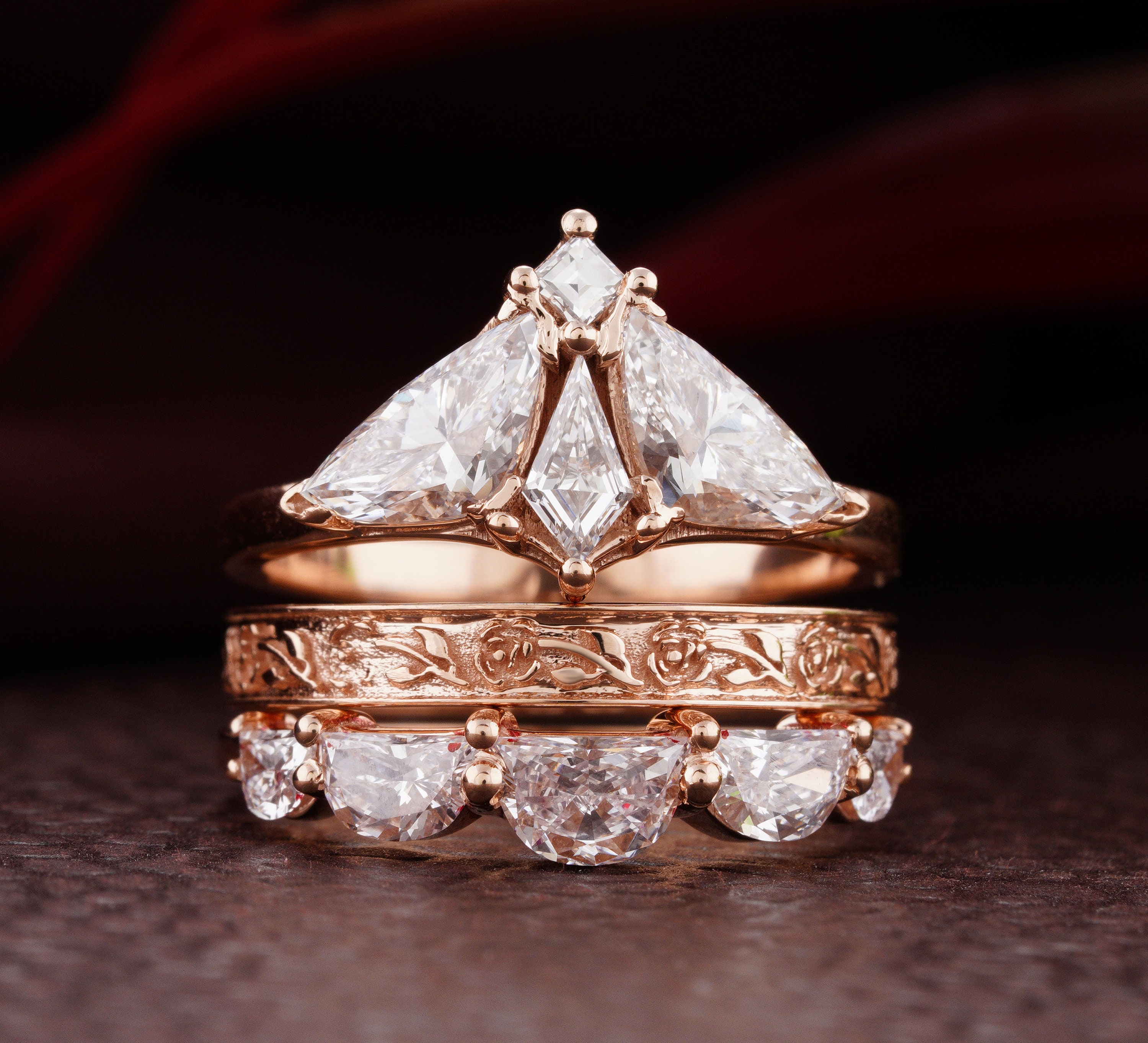 Half Moon Moth Diamond Three Ring Set: 18kt Rose Gold, Trillion & Kite Lab Grown Diamonds - Unique Engagement Gift for Her