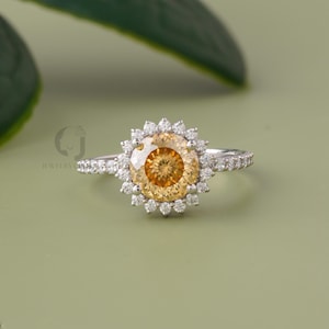 Yellow Portuguese Cut 2CT Round Shape Champagne Moissanite Engagement Ring, 14kt gold Moissanite Halo Promise Ring, Sunflower Wedding Ring
