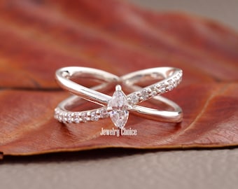 Solid Gold Criss Cross Ring, 14k Gold Marquise Statement Ring for Women, Pave Lab Grown Diamond Band Ring, Unique Designer Ring, Thick Band