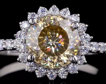 Yellow Portuguese Cut 2CT Round Shape Champagne Moissanite Engagement Ring, 14kt gold Moissanite Halo Promise Ring, Sunflower Wedding Ring