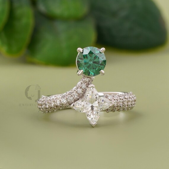 Vivid Green Round and Lily Cut Lab Grown Diamond Ring Unique Two Stone Statement Ring – 14kt Gold Toi Et Moi Engagement or Anniversary Ring - Etsy New Zealand