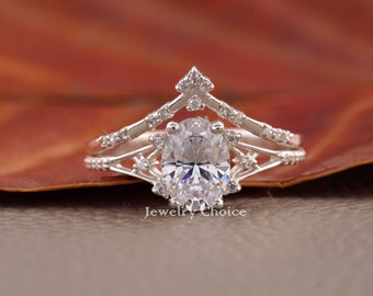2 CT Lab Grown Diamond Engagement ring Oval White Gold Engagement ring Unique Oval Cluster ring vintage diamond wedding ring bridal set