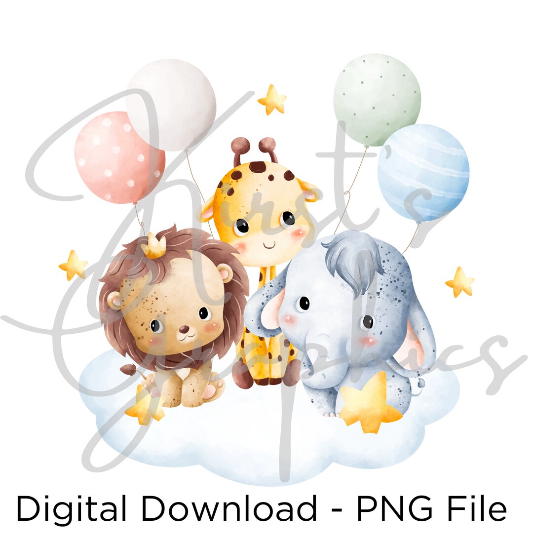 Safari Animals Lion Giraffe Elephant Baby Nursery Deco PNG File Digital