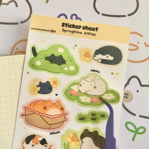 Fête printanière des chats | Feuille d'autocollants en vinyle brillant | Fleurs Cottagecore de pique-nique Jonquilles Chats des champs | Stickers rigolos mignons pour journal