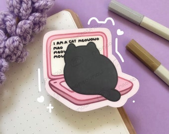 Gato sentado en pegatina de computadora portátil / pegatina de gato negro / pegatina brillante de vinilo / linda pegatina divertida Kawaii para cuaderno de diario portátil