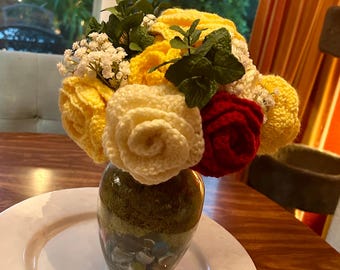 Dozen Handmade Crochet Rose Bouquet | Acrylic Yarn Forever Flowers, Keepsake Gift