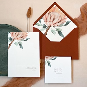 Hochzeitseinladung, Einladung, Hochzeit, Protea, Aquarell, Floral, Boho, Save the Date, Menü