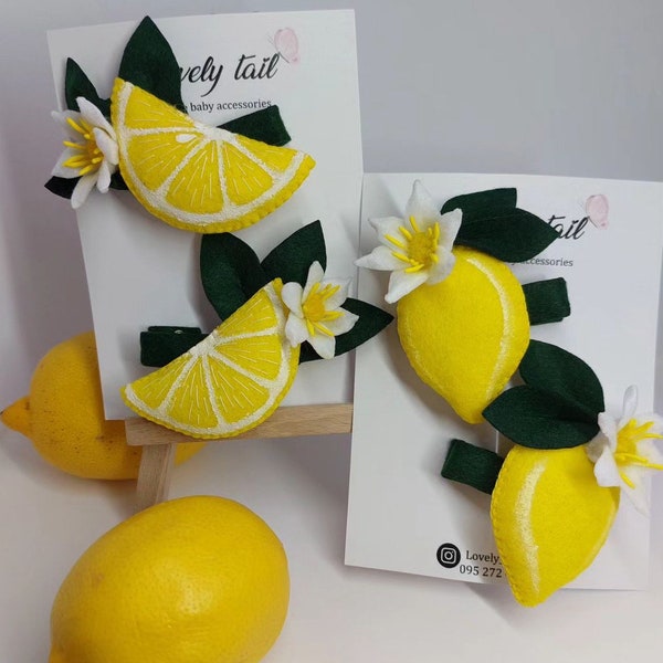 Lemon hair clips, Hair clips with fruits, Babies handmade accessories, cute hair pins, nylon headband, accessories for school girl, Barrettes