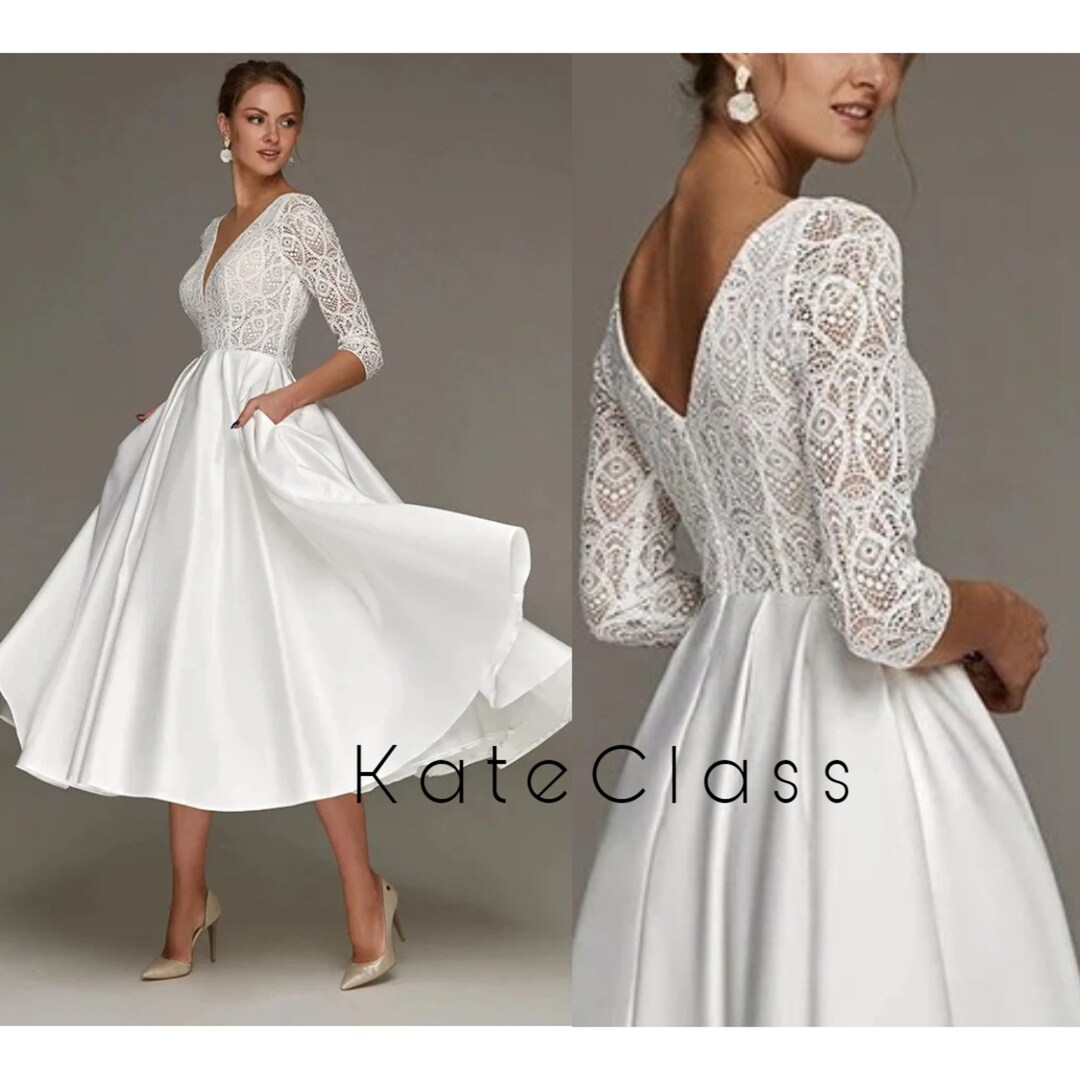 Modern Short Vneck Wedding Dress Lace and Satin Three Quarter
