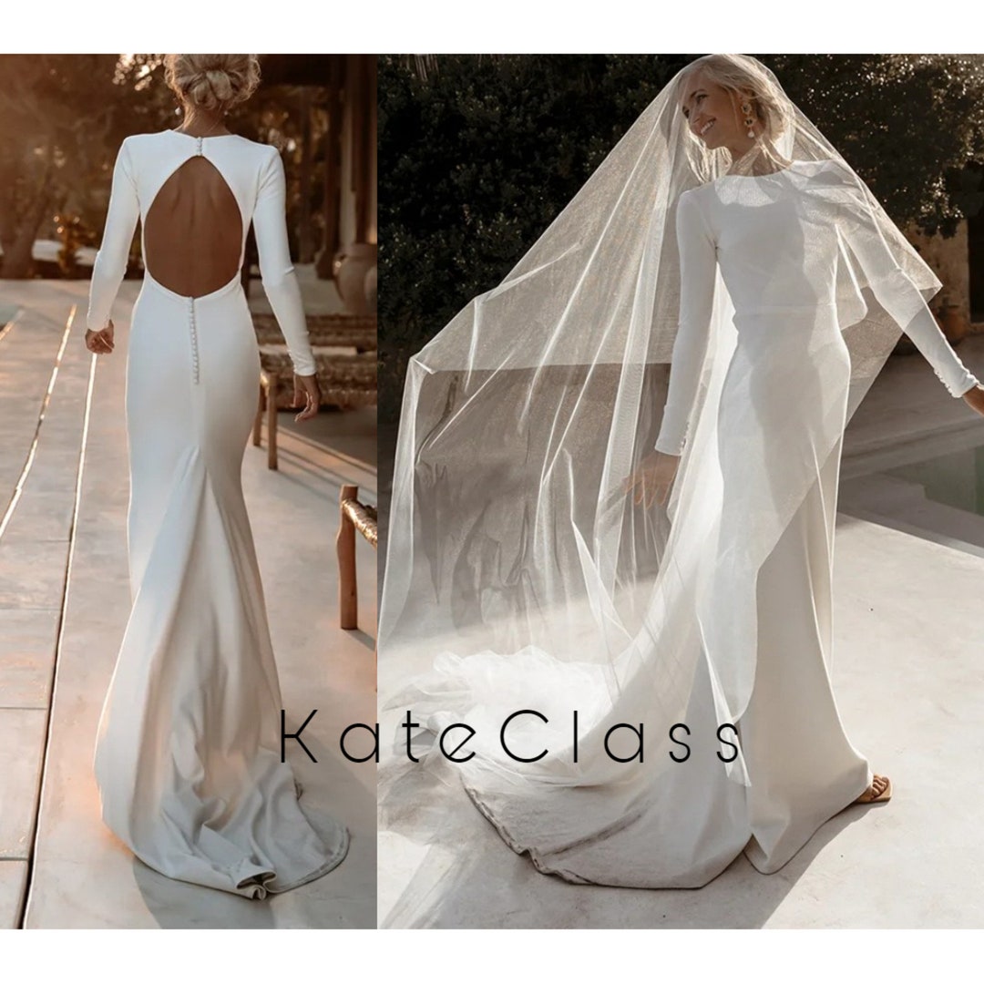 Backless Mermaid Wedding Dress Floor Length Bride Long Sleeve Button ...