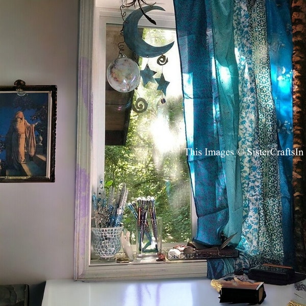 2 pièces indien vintage vieille soie sari tissu couleur turquoise fait main rideau porte fenêtre décor patchwork rideau maison porte fenêtre rideau