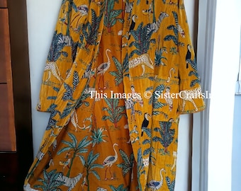 Musted Jungle Print Velvet Kimono Robes, Morning Tea Velvet Coat, Bridesmaid Robe, Women Wear Cotton Velvet robe, Velvet Jacket, Bridal Robe