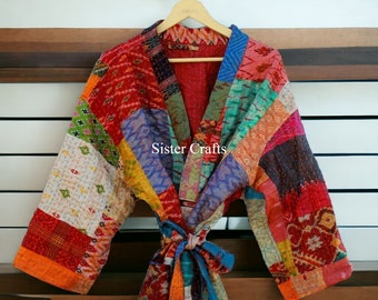 Sari di seta vintage Multicolor kantha Kimono Robes amante riciclato vestaglie Donna Patchwork Giacca kimono veste regalo per lei