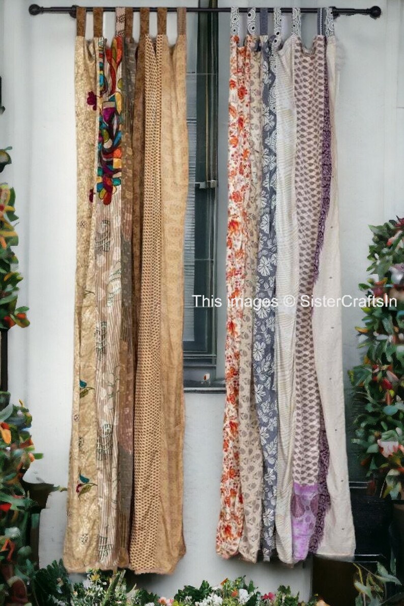LIVRAISON GRATUITE Rideaux indiens vintage en tissu de soie sari, rideau décoratif bohème hippie fait main, rideau en patchwork de décoration de chambre, décoration de fenêtre Blanc
