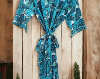 Turquoise Kimono Ultra Soft Banana Leaf Imprimé Coton Long Kimono Robe, Robe de maternité, Maxi Robe Poncho Vêtements pour femmes Wrap Coat Jacket