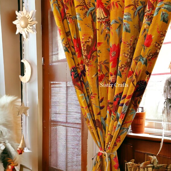 FREE SHIPPING - Indian Vintage Cotton Velvet Fabric Curtains Handmade Decorative Boho Hippie Curtain, Room Decor Curtain, Window Decor