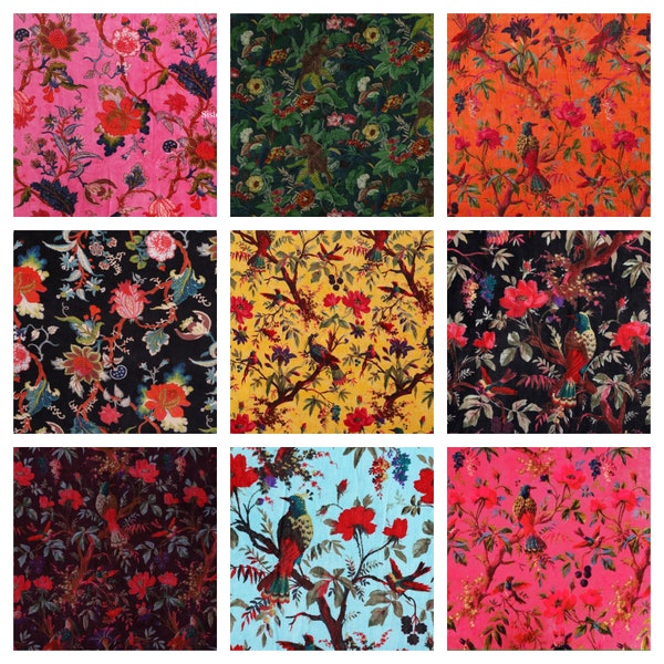 Luxury Indian Soft Cotton Velvet Floral and Bird Print Fabric Upholstery Dressmaking Sewing Fabric, Cotton Velvet Sewing Soft Fabric