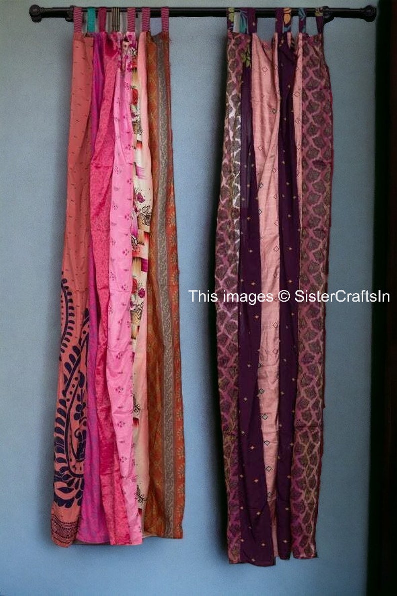 LIVRAISON GRATUITE Rideaux indiens vintage en tissu de soie sari, rideau décoratif bohème hippie fait main, rideau en patchwork de décoration de chambre, décoration de fenêtre Rose