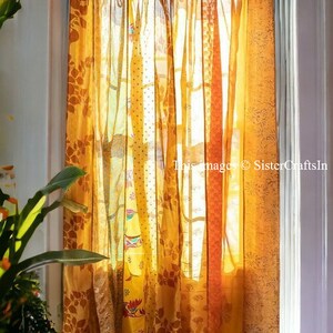 FREE SHIPPING Indian Vintage Silk Sari Fabric Curtains Handmade Decorative Boho Hippie Curtain, Room Decor Patchwork Curtain, Window Decor Yellow