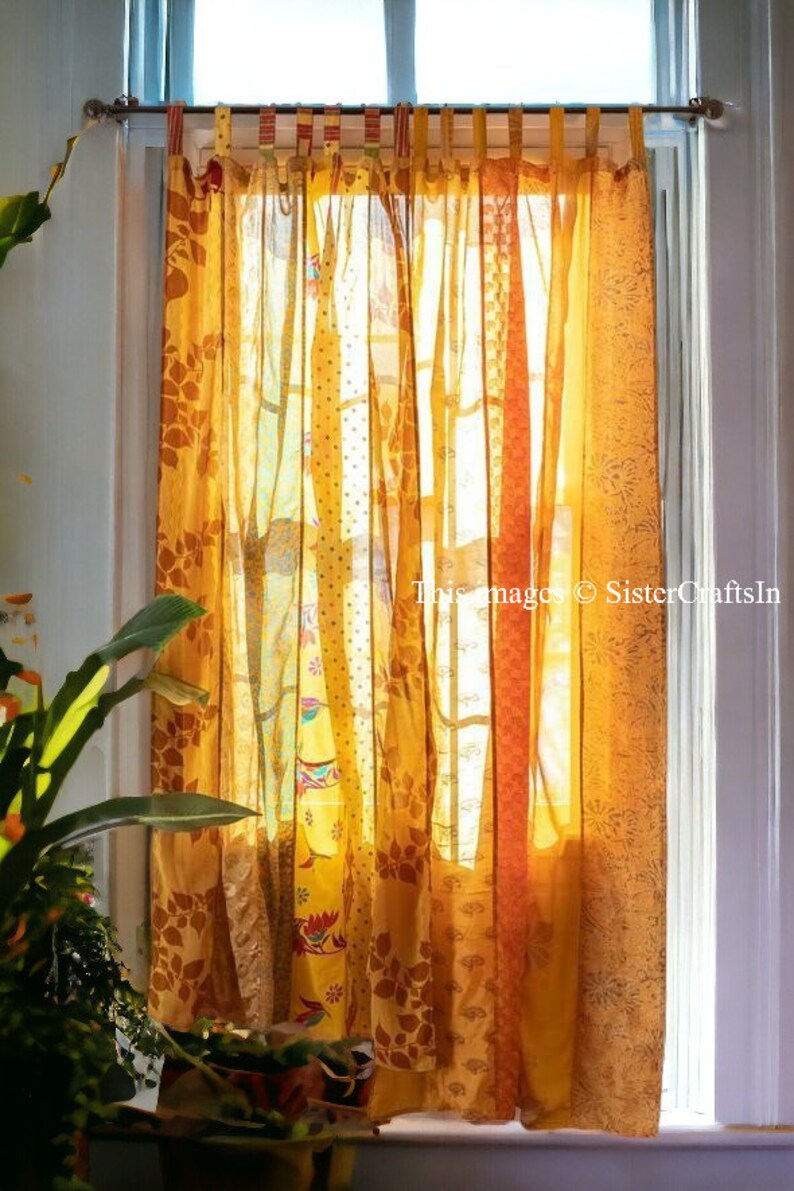 FREE SHIPPING Indian Vintage Silk Sari Fabric Curtains Handmade Decorative Boho Hippie Curtain, Room Decor Patchwork Curtain, Window Decor Yellow