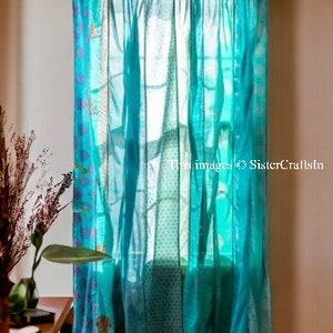 FREE SHIPPING Indian Vintage Silk Sari Fabric Curtains Handmade Decorative Boho Hippie Curtain, Room Decor Patchwork Curtain, Window Decor Turquoise