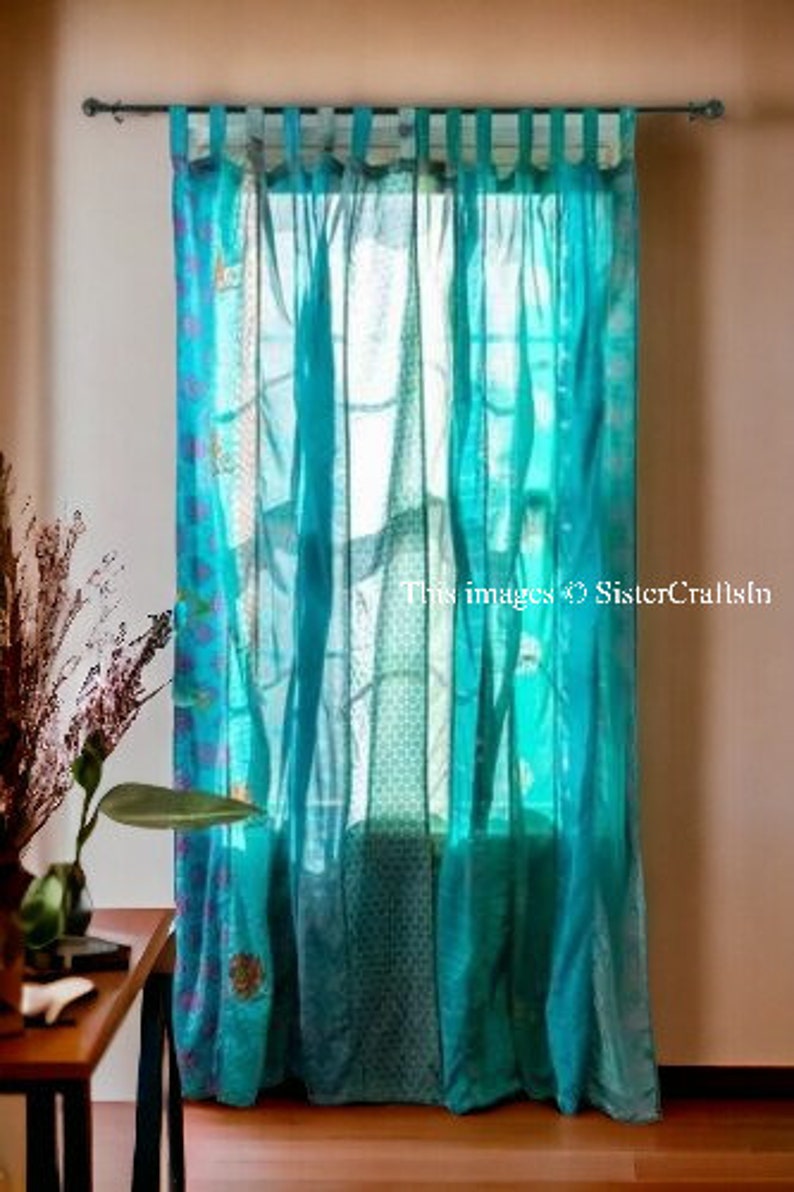FREE SHIPPING Indian Vintage Silk Sari Fabric Curtains Handmade Decorative Boho Hippie Curtain, Room Decor Patchwork Curtain, Window Decor Turquoise