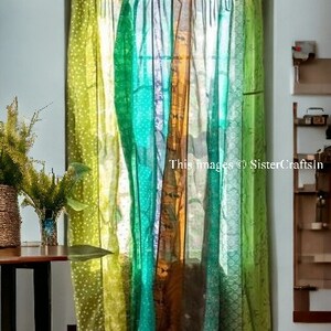 FREE SHIPPING Indian Vintage Silk Sari Fabric Curtains Handmade Decorative Boho Hippie Curtain, Room Decor Patchwork Curtain, Window Decor Green