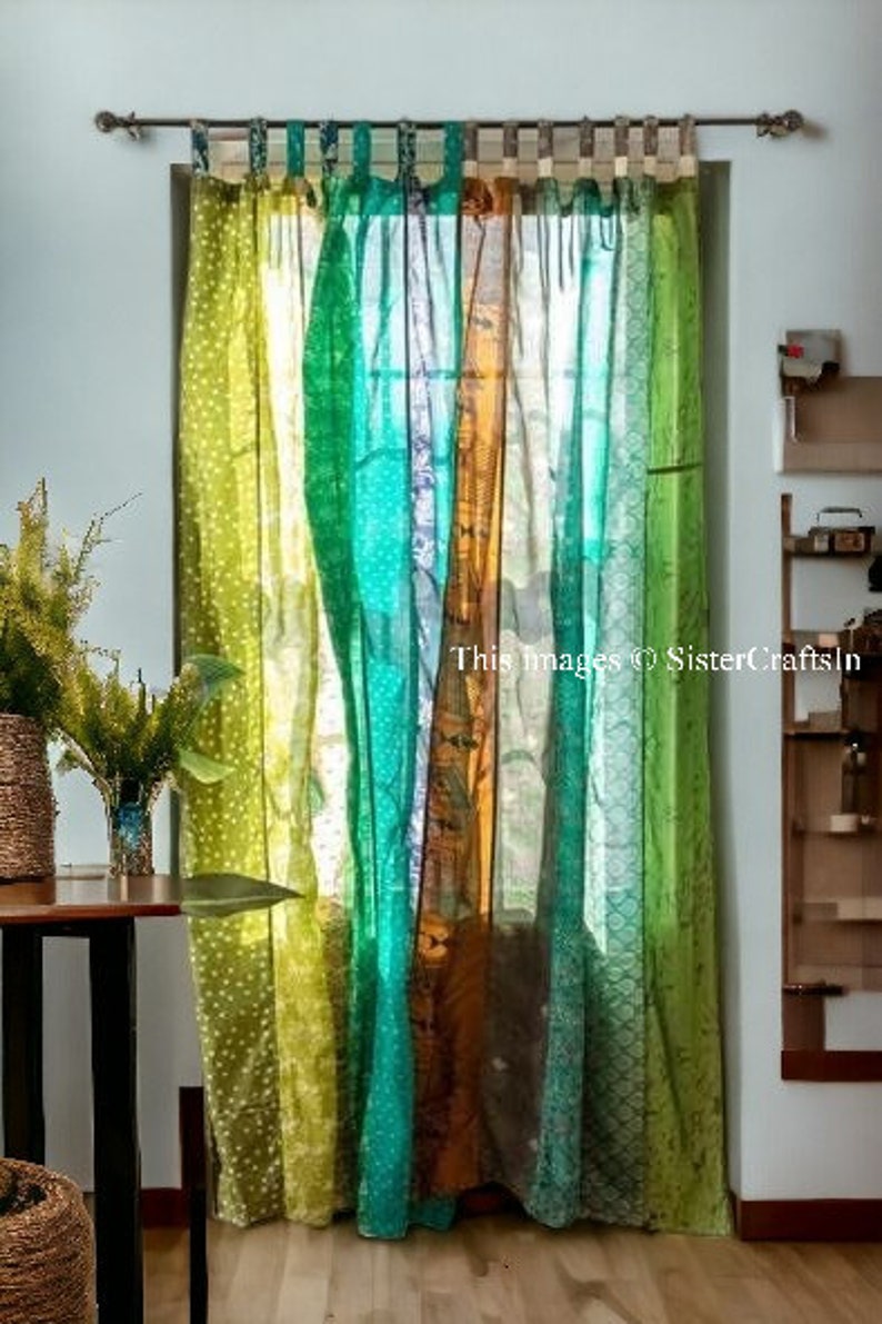 FREE SHIPPING Indian Vintage Silk Sari Fabric Curtains Handmade Decorative Boho Hippie Curtain, Room Decor Patchwork Curtain, Window Decor Green