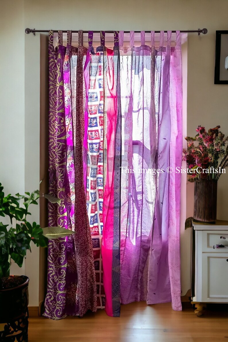 LIVRAISON GRATUITE Rideaux indiens vintage en tissu de soie sari, rideau décoratif bohème hippie fait main, rideau en patchwork de décoration de chambre, décoration de fenêtre Violet