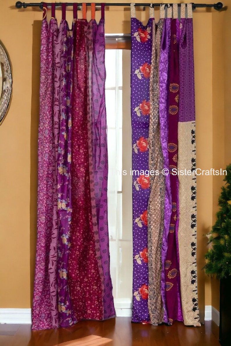 LIVRAISON GRATUITE Rideaux indiens vintage en tissu de soie sari, rideau décoratif bohème hippie fait main, rideau en patchwork de décoration de chambre, décoration de fenêtre Violet
