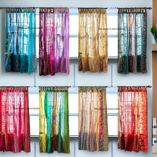 FREE SHIPPING - Indian Vintage Silk Sari Fabric Curtains Handmade Decorative Boho Hippie Curtain, Room Decor Patchwork Curtain, Window Decor