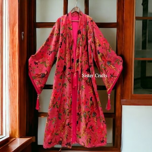 OFMD Pink Bird Velvet Banyan Fabric Kimono Cotton Velvet Robe Long, Original OFMD break up robe Printed Kimono With Tassels, Velvet Robe