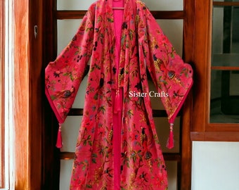 OFMD Pink Bird Velvet Banyan Fabric Kimono Cotton Velvet Robe Long, Original OFMD break up robe Printed Kimono With Tassels, Velvet Robe