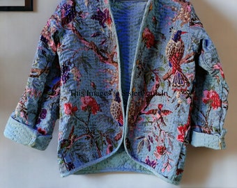 Indische Handarbeit Vogel Print Vintage Steppjacke Mäntel, neuer Stil, Boho, Baumwolle kurze / lange Jacke, Bomberjacke Mantel