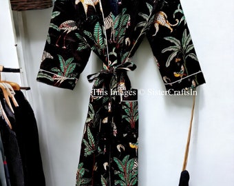Jungle Print Kimono, Night Wear Dress, Shower Bathrobe, Woman Dressing Gown, Beach Wear Robe, Nightwear Women Robe Black Caftan Dress