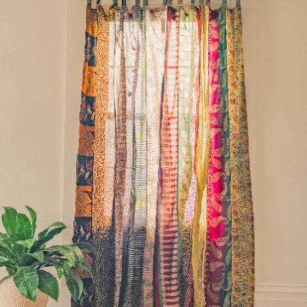 FREE SHIPPING - Indian Vintage Silk Sari Fabric Curtains Handmade Decorative Boho Hippie Curtain, Room Decor Patchwork Curtain, Window Decor