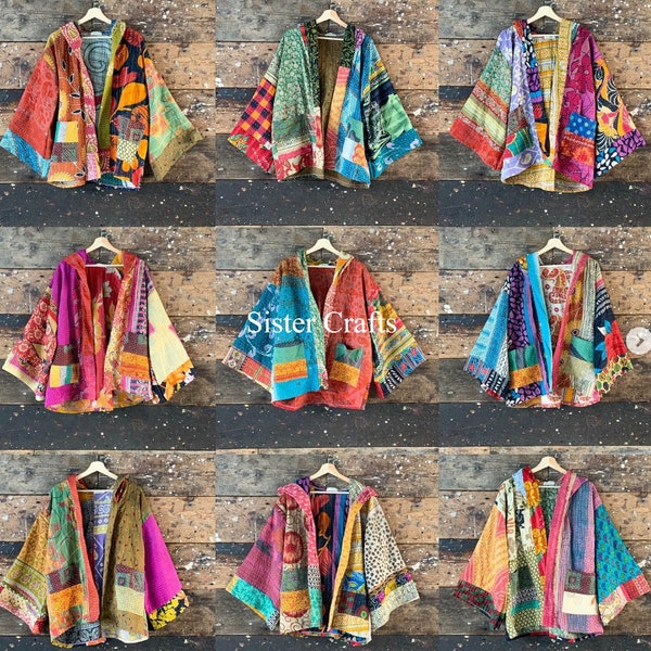 Handmade Patchwork Jacket, Hand Stitched Cotton Patchwork Jacket, Cotton Sari Kantha Coat, Short Jacket, Patch work coat, Patch Work jacket