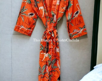 Baumwolle Kimono Robe Morgenmantel, Blattdruck Brautjungfer Robe Sommer Nachtwäsche Frauen Robe Kaftan Kleid, Einheitsgröße Kimono