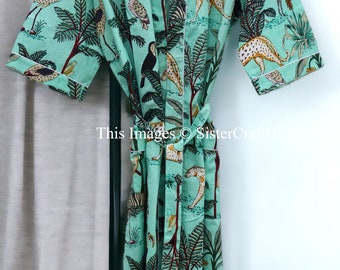 Baumwolle Kimono Robe Morgenmantel, Türkis Farbe Walddruck Brautjungfer Robe Sommer Nachtwäsche Frauen Robe Kaftan Kleid, Einheitsgröße Kimono