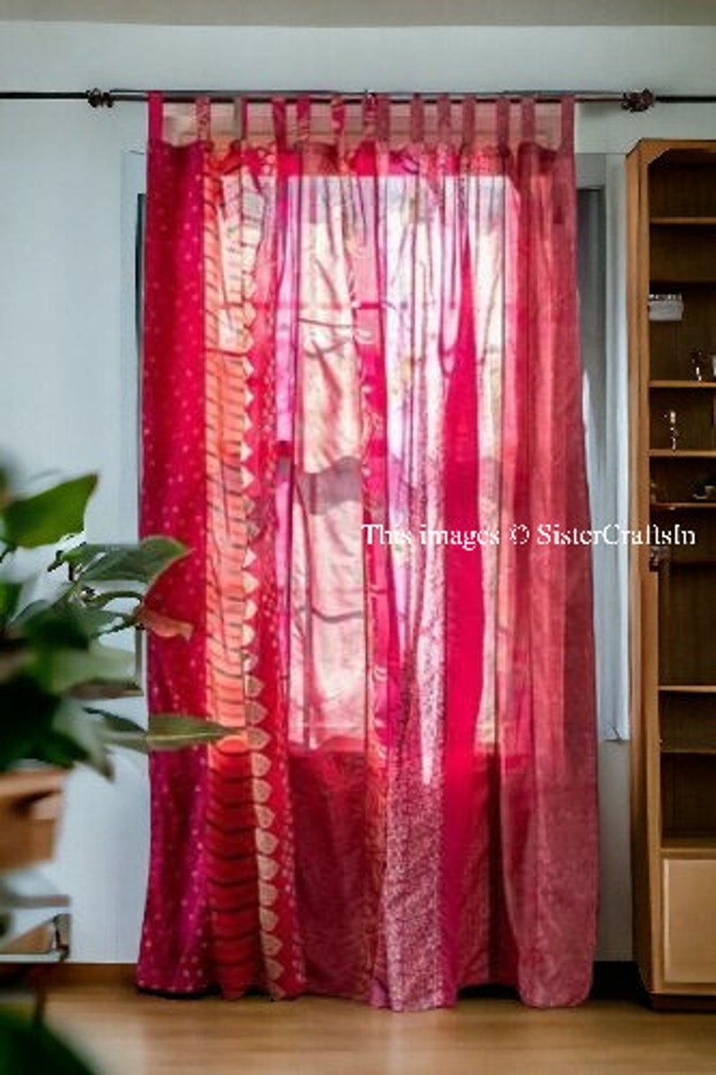 FREE SHIPPING Indian Vintage Silk Sari Fabric Curtains Handmade Decorative Boho Hippie Curtain, Room Decor Patchwork Curtain, Window Decor Pink