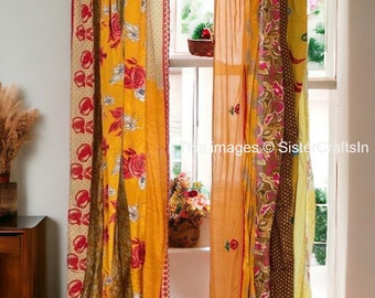 FREE SHIPPING - Indian Vintage Silk Sari Fabric Curtains Handmade Decorative Boho Hippie Curtain, Room Decor Patchwork Curtain, Window Decor