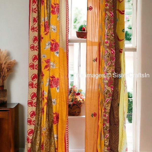 LIVRAISON GRATUITE - Rideaux indiens vintage en tissu de soie sari, rideau décoratif bohème hippie fait main, rideau en patchwork de décoration de chambre, décoration de fenêtre