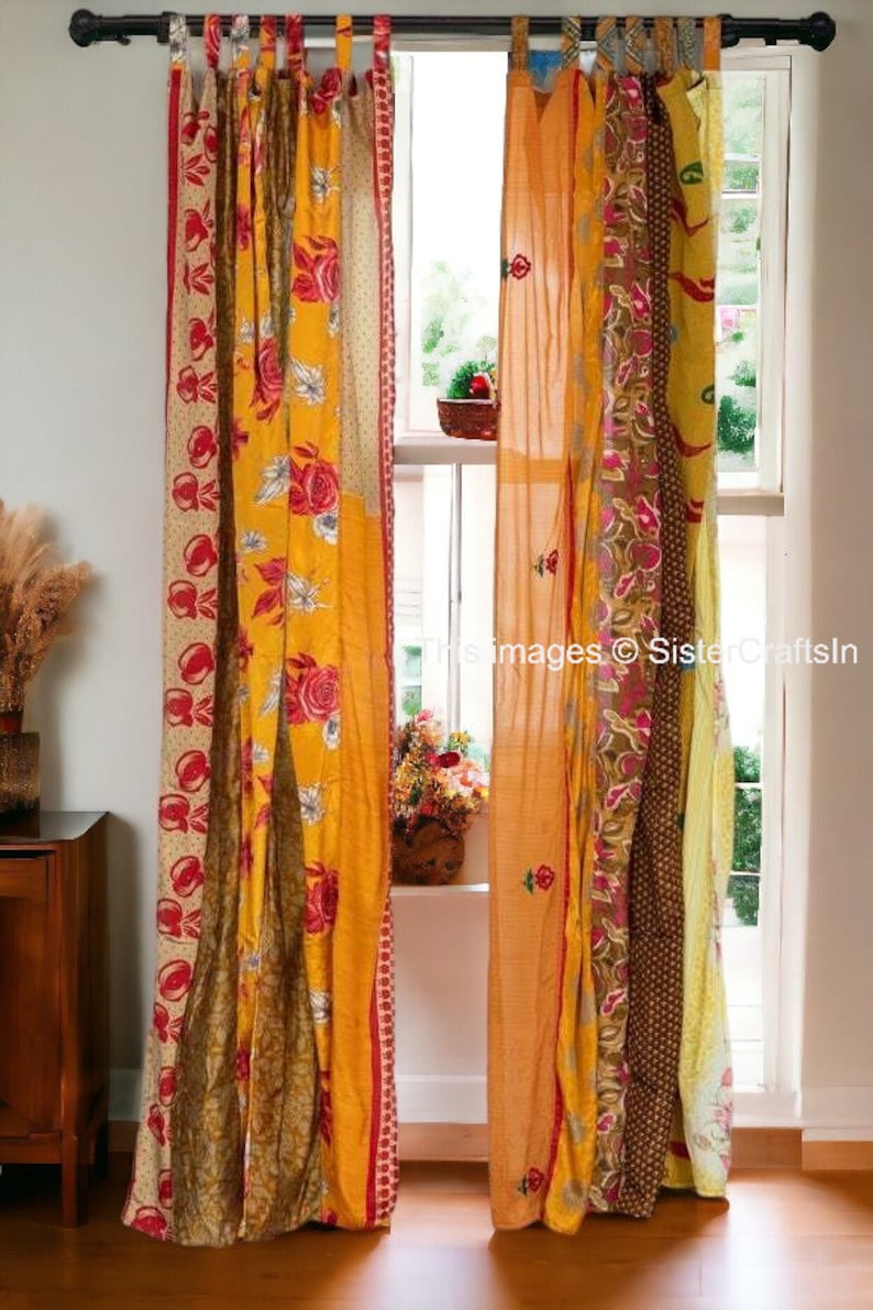 LIVRAISON GRATUITE Rideaux indiens vintage en tissu de soie sari, rideau décoratif bohème hippie fait main, rideau en patchwork de décoration de chambre, décoration de fenêtre Orange