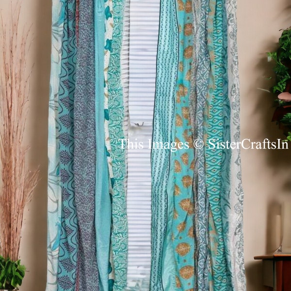 2 pièces indien vintage vieille soie sari tissu couleur turquoise fait main rideau porte fenêtre décor patchwork rideau maison porte fenêtre rideau