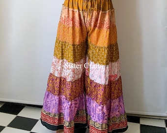 Recycled Sari Silk Wide Leg Patchwork Pants, Boho Hippie Skirt Pant for Women, Boho Hippie Patchwork Palazzo Pant,Elastic Waist Silk Palazzo