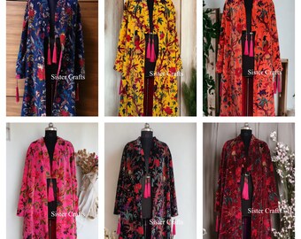 OFMD Pink Stylish Bird Velvet Soft Banyan Fabric Kimono Soft Cotton Velvet Robe Long Original OFMD break up Robe Printed Kimono With Tassels