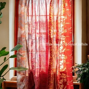 KOSTENLOSER VERSAND Indische Vintage-Seiden-Sari-Stoffvorhänge, handgefertigter dekorativer Boho-Hippie-Vorhang, Raumdekoration, Patchwork-Vorhang, Fensterdekoration Rot