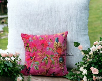 Bird Print Pink OFMD breakup robe fabric Bohemian style cotton velvet birds design cushion pillow cover, velvet Soft Cushion Cover