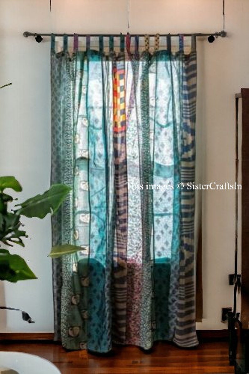 KOSTENLOSER VERSAND Indische Vintage-Seiden-Sari-Stoffvorhänge, handgefertigter dekorativer Boho-Hippie-Vorhang, Raumdekoration, Patchwork-Vorhang, Fensterdekoration Blau