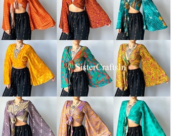 Express service of 25 Pcs Lot of silk bell sleeve wrap top, Bell Sleeve Cardigan Crop Top, Boho Top ,Festival Retro 60s 70s Clothing